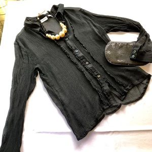 Chico’s size 2 sheer black silk tux ruffle blouse